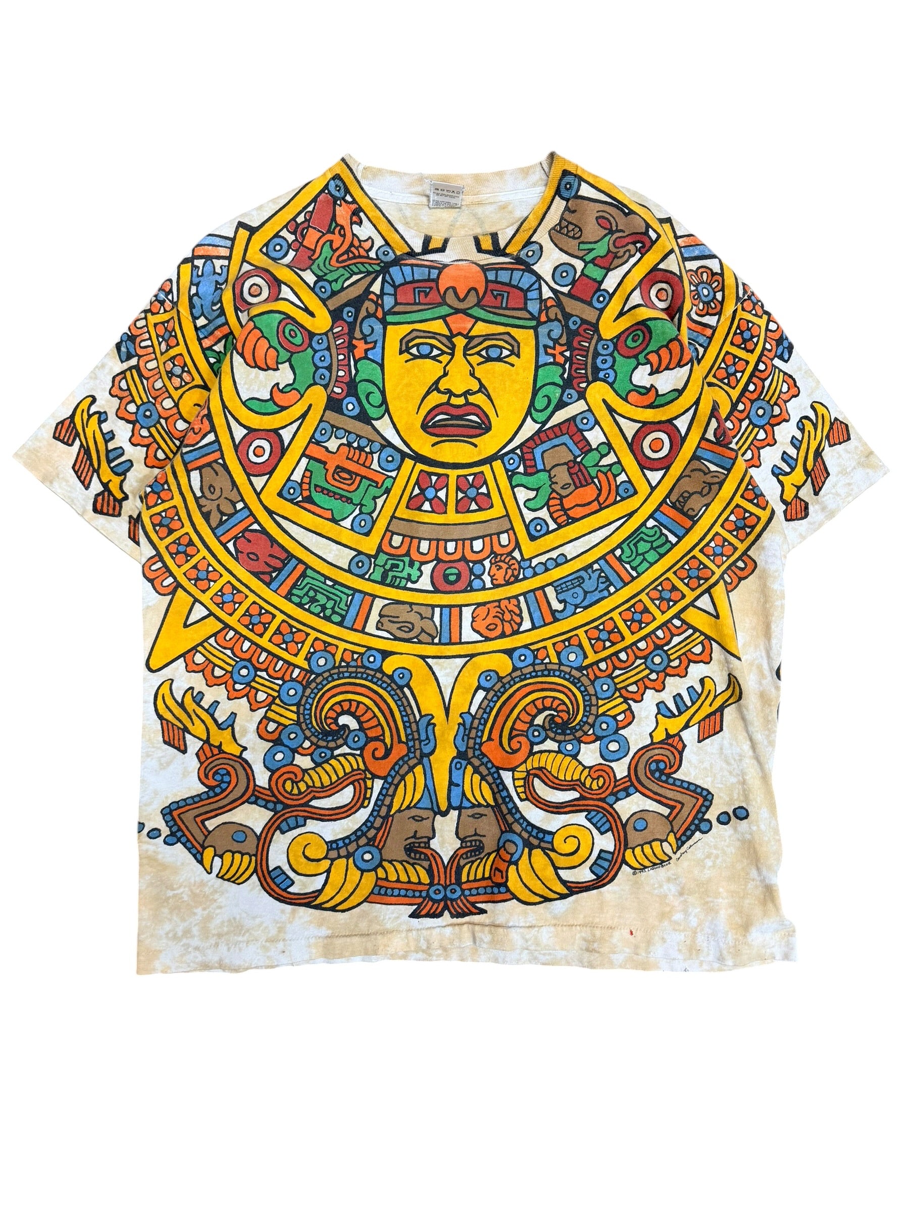 Vintage 1990s Mayan Calendar Liquid Blue All Over Shirt XL