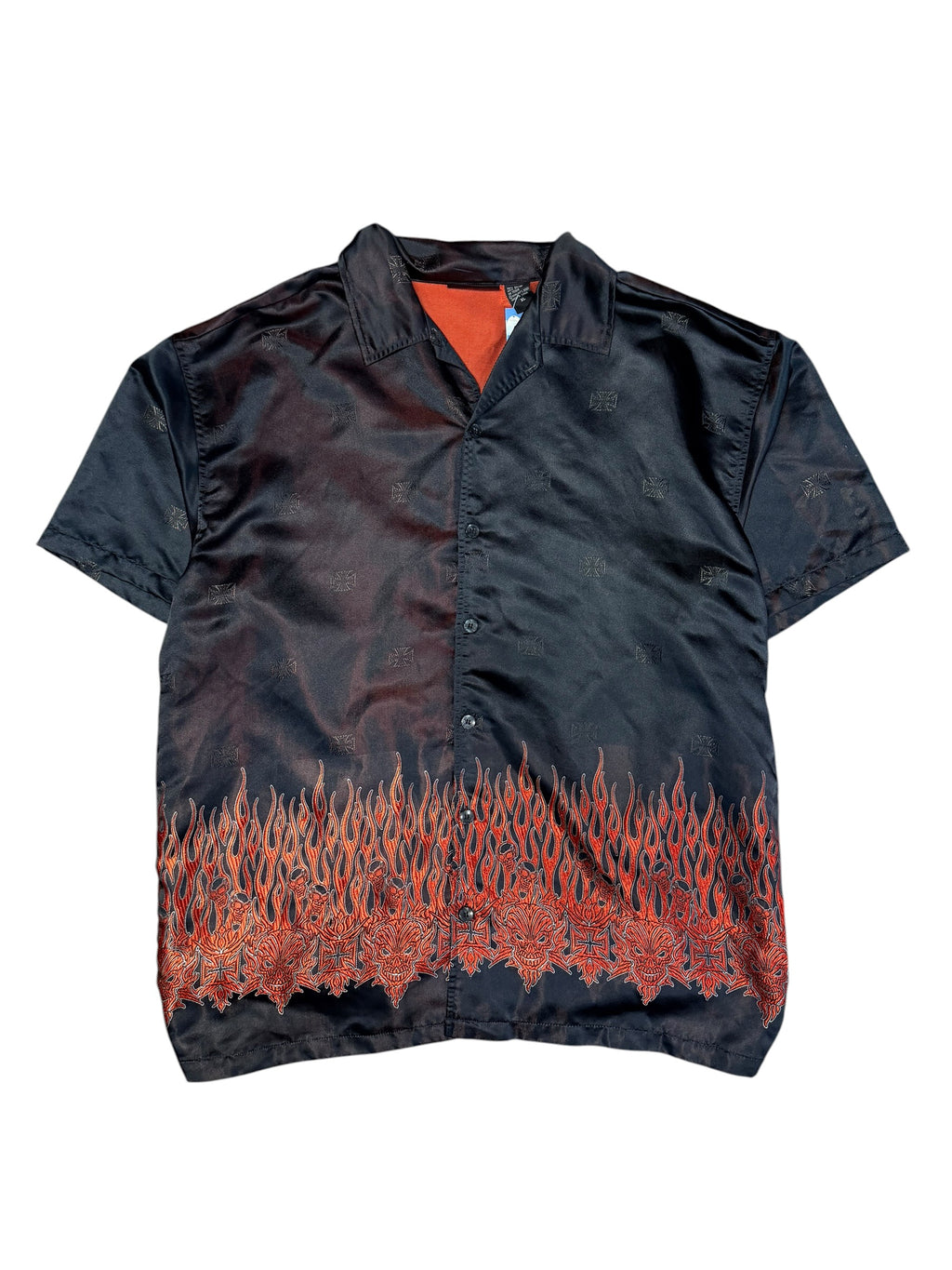 Vintage 2000s Button Up Flame Skull Cross Shirt