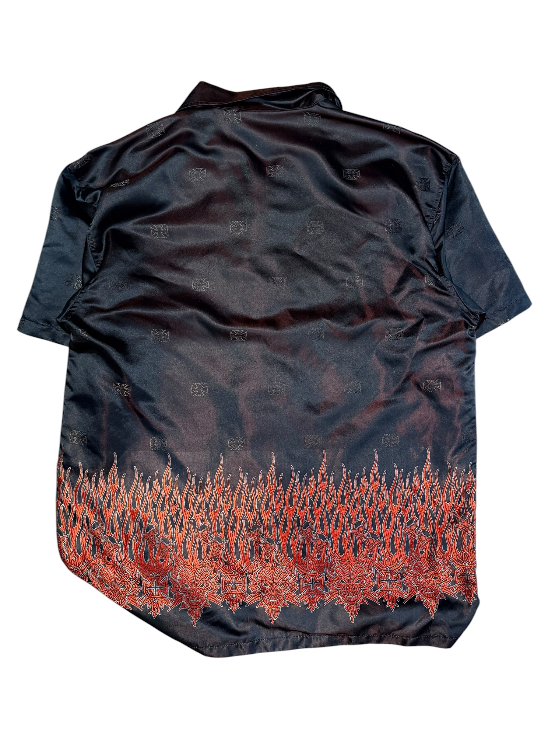 Vintage 2000s Button Up Flame Skull Cross Shirt