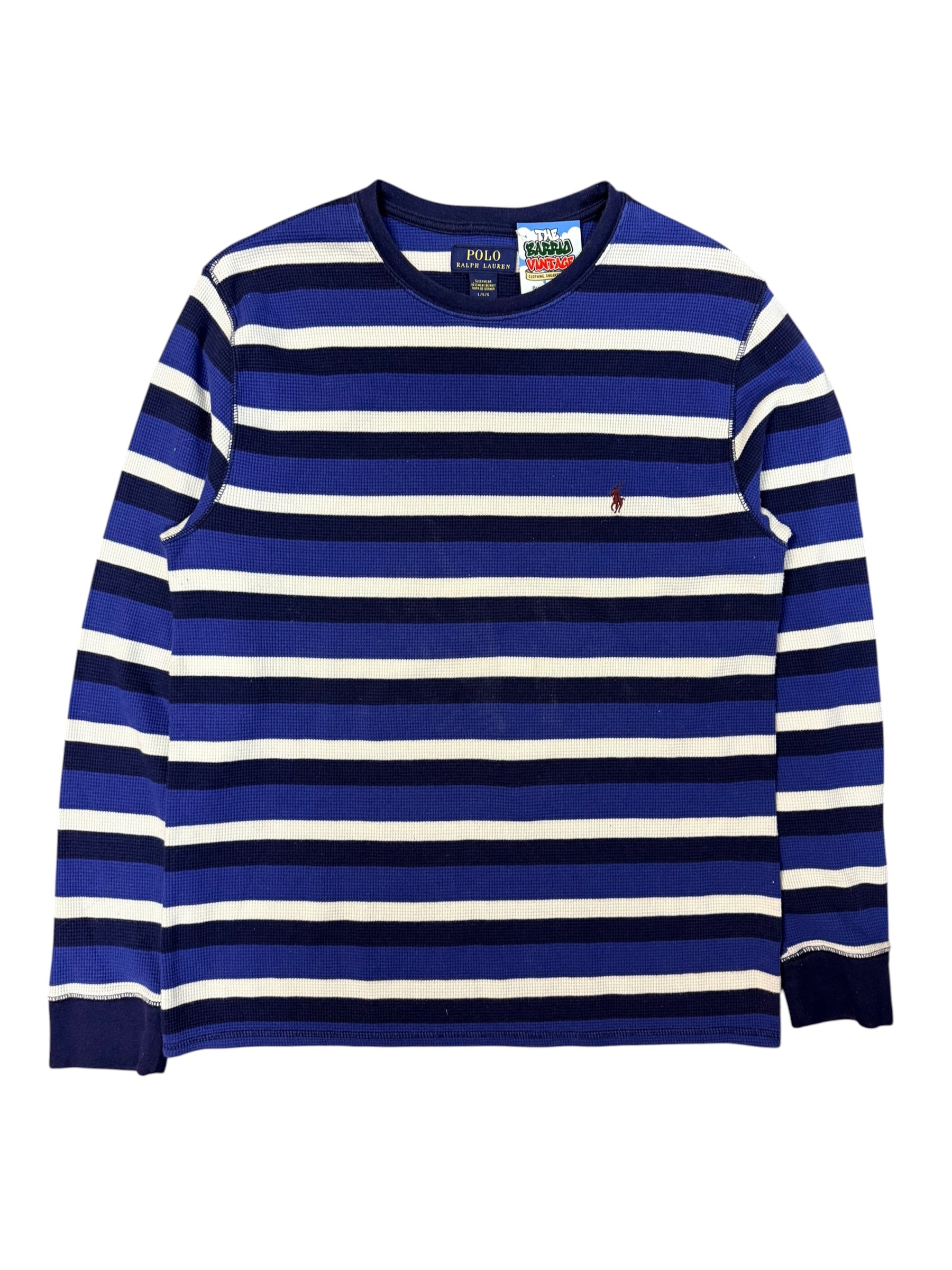 Vintage 2000s Polo Blue White Striped Thermal Shirt Large