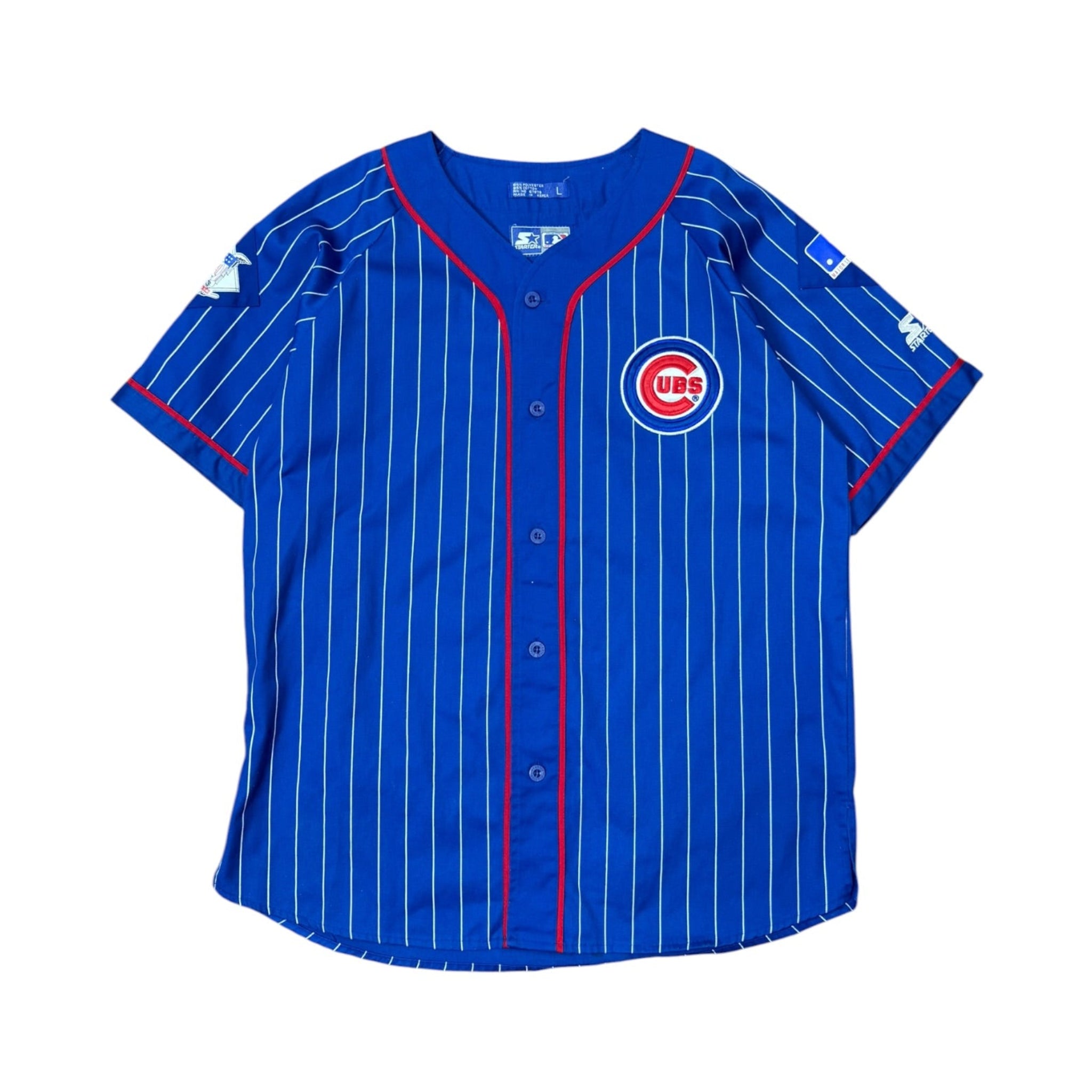 Vintage 1990s Chicago Cubs Pinstripe Starter Baseball Blue Jersey Large