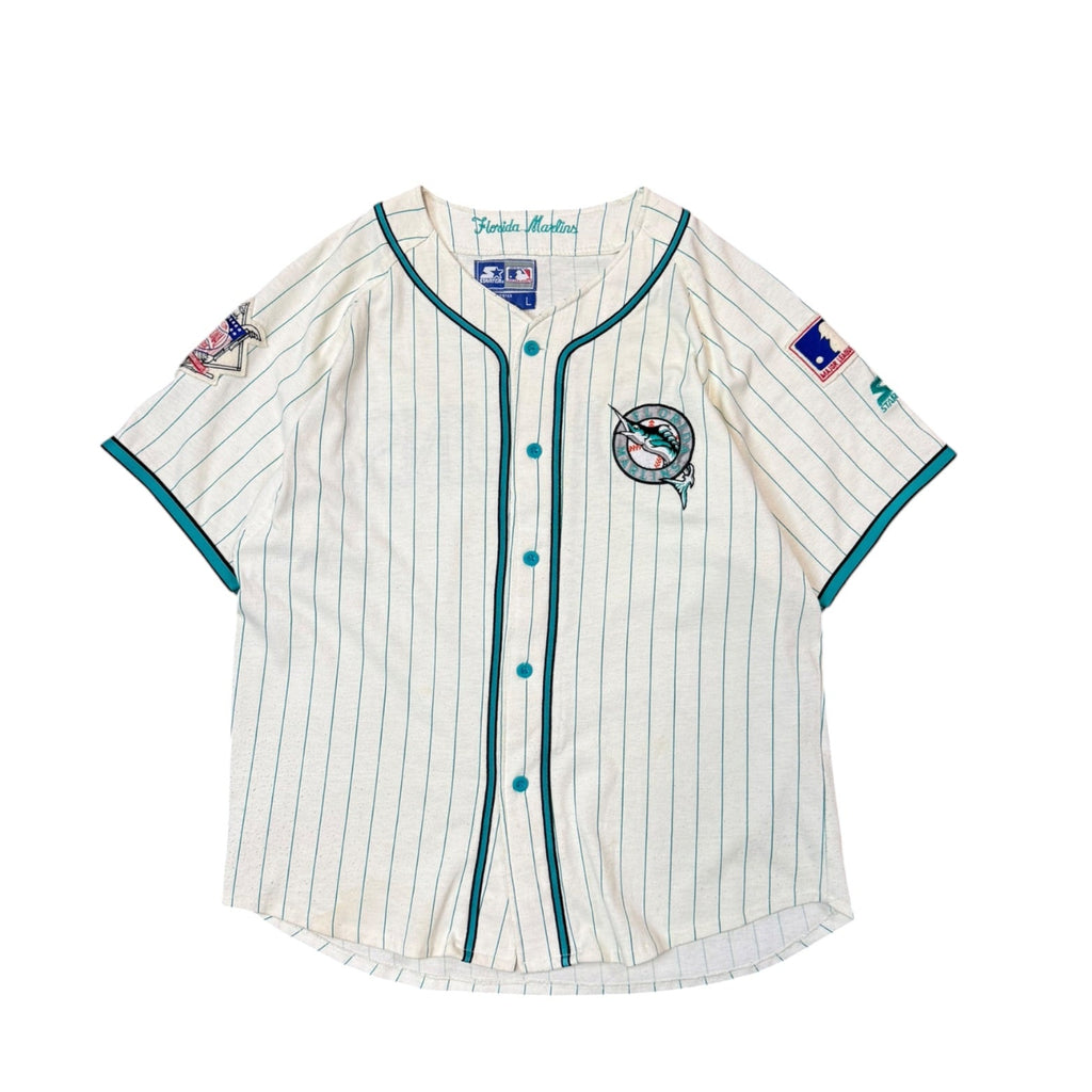 Vintage 1990s Florida Marlins Pinstripe Starter Baseball White Jersey Large